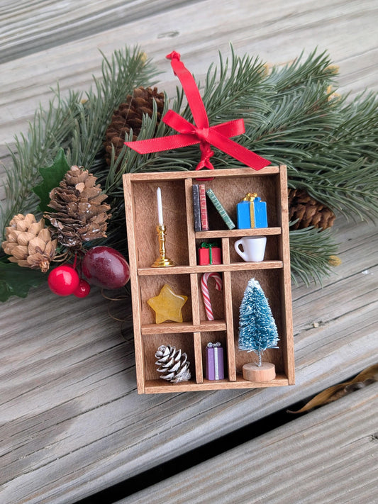 Cozy Christmas Shadow Box Ornament | Hygge Holiday Decor | Miniature Library