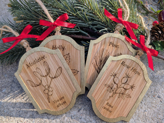 Vintage Botanical Ornament Set (Set of 4) | Double-Sided Oak & Gold Christmas Decor | Heirloom Story Ornaments | Gift Boxed