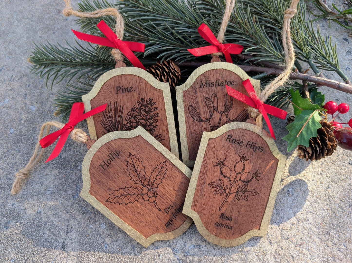 Vintage Botanical Ornament Set (Set of 4) | Double-Sided Sapele & Gold Christmas Decor | Heirloom Story Ornaments | Gift Boxed