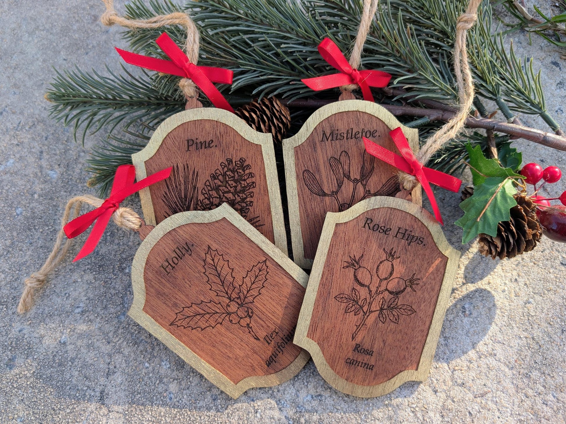 Vintage Botanical Ornament Set (Set of 4) | Double-Sided Sapele & Gold Christmas Decor | Heirloom Story Ornaments | Gift Boxed