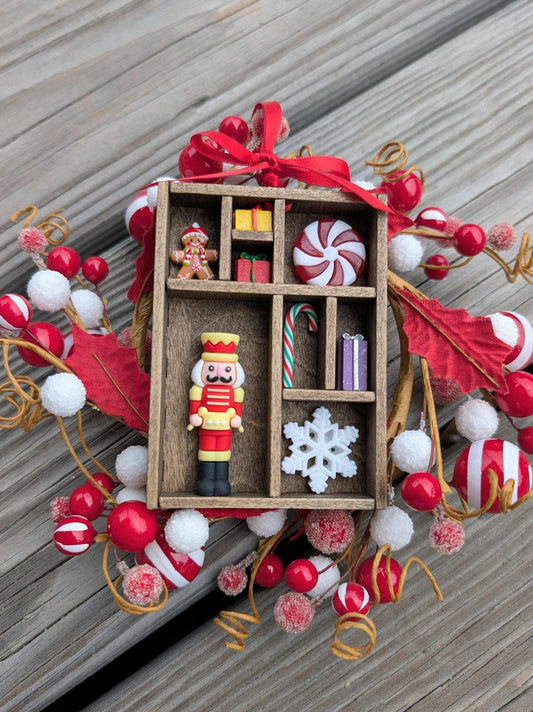 Miniature Christmas Shadow Box Ornament | Wooden Printer's Tray Style | Classic Christmas Diorama