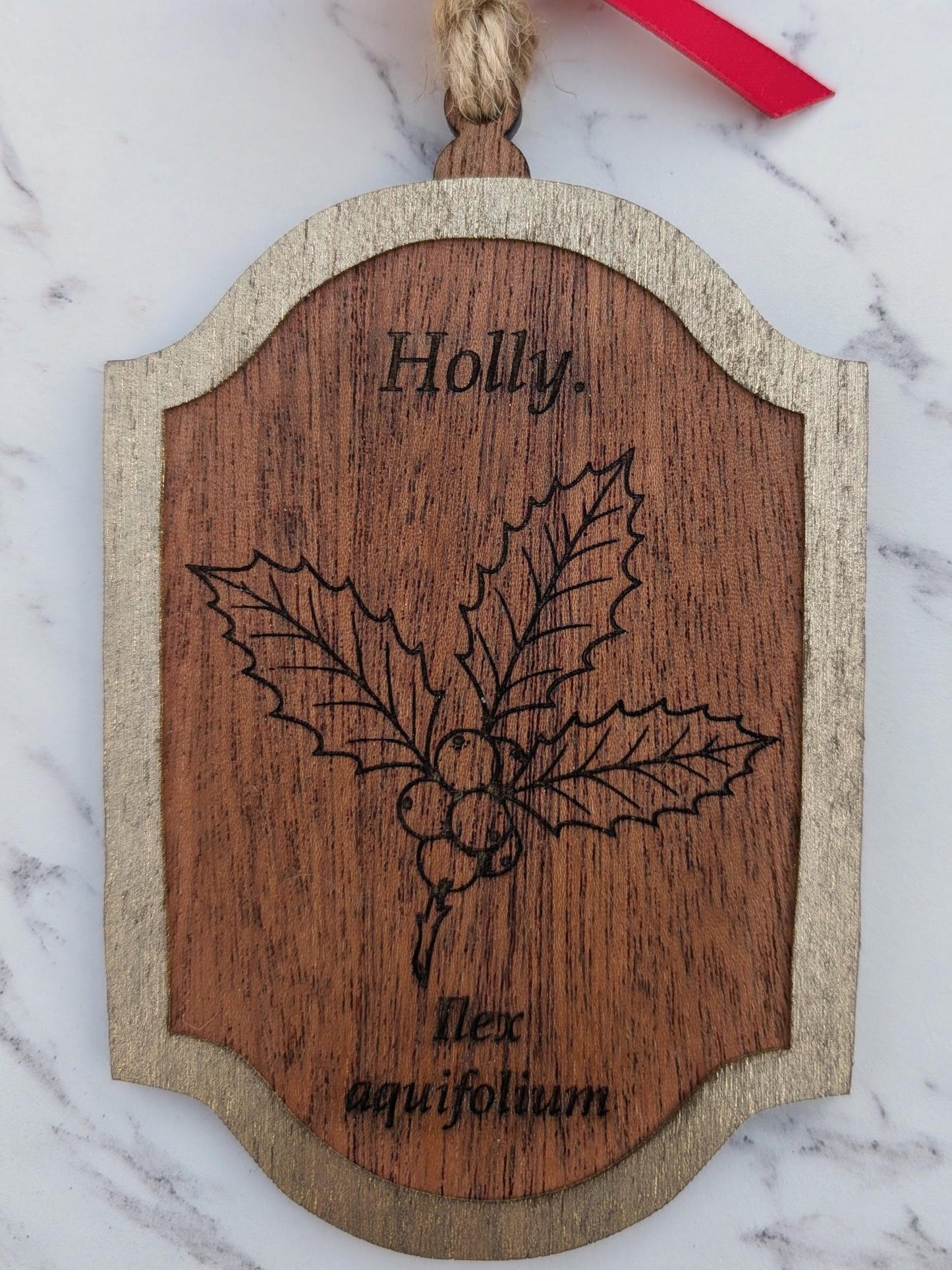 Vintage Botanical Ornament Set (Set of 4) | Double-Sided Sapele & Gold Christmas Decor | Heirloom Story Ornaments | Gift Boxed