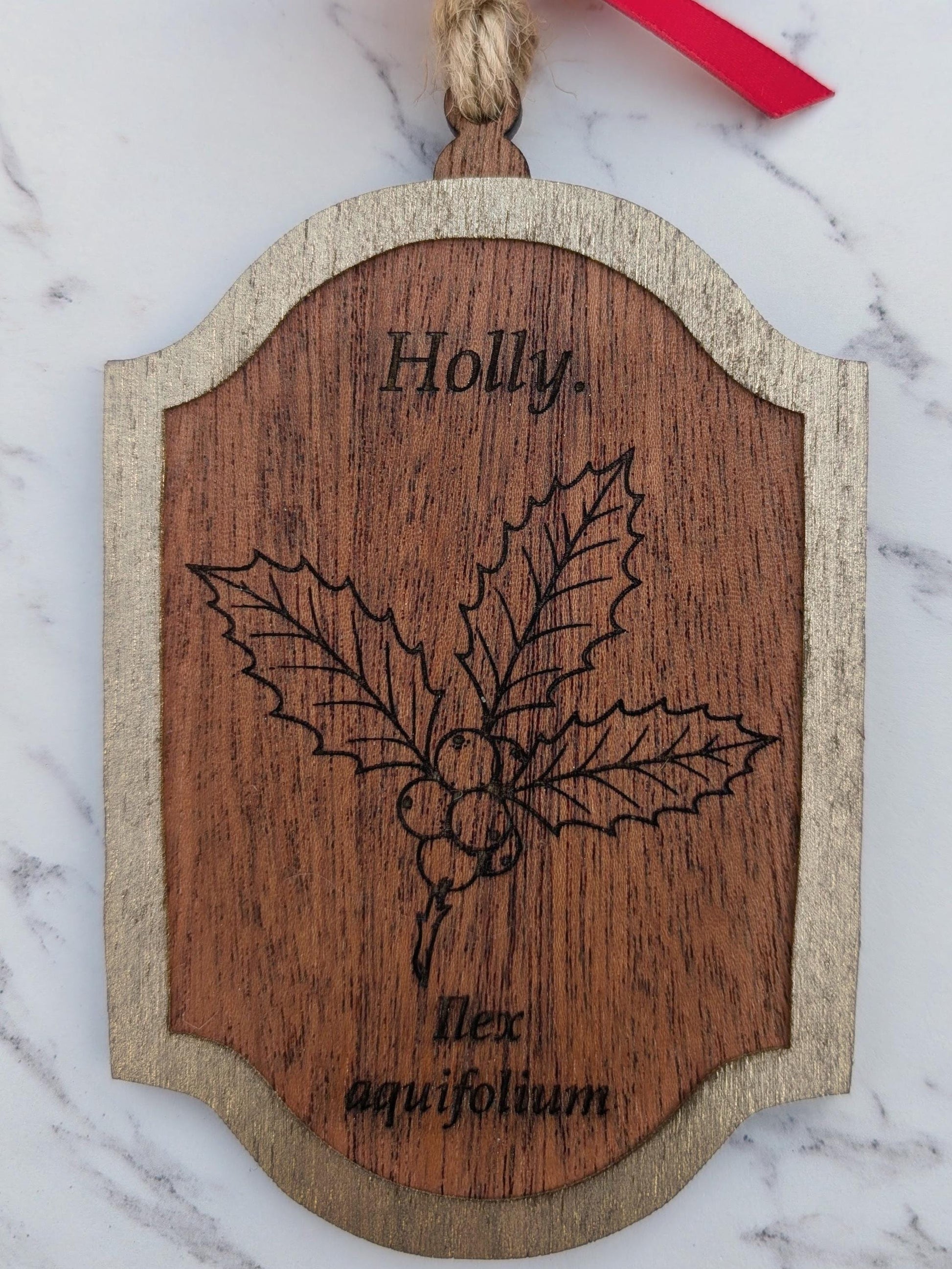 Vintage Botanical Ornament Set (Set of 4) | Double-Sided Sapele & Gold Christmas Decor | Heirloom Story Ornaments | Gift Boxed