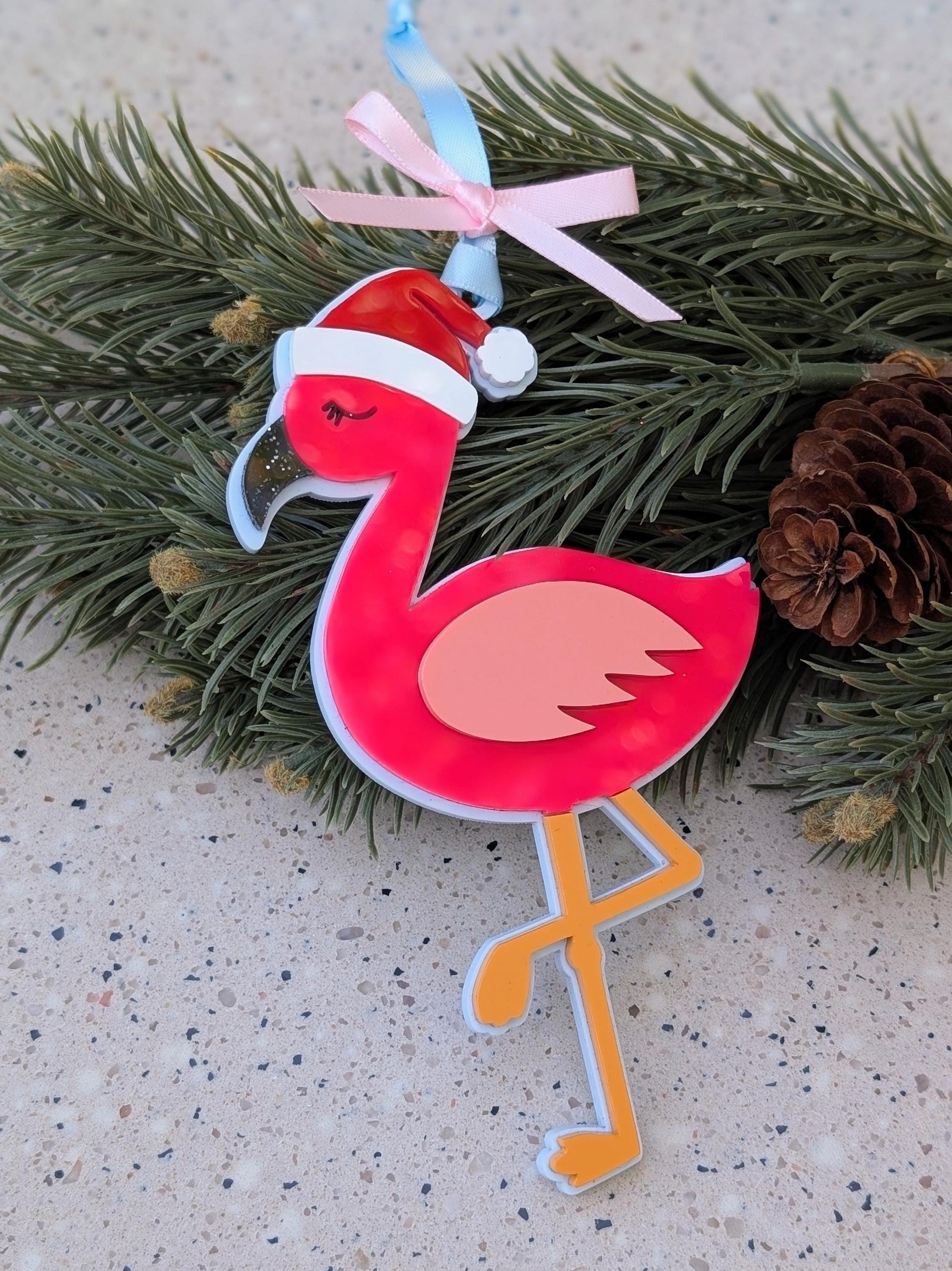 Engraved Pink Flamingo Christmas Ornament with Santa Hat | Custom Tropical Decor