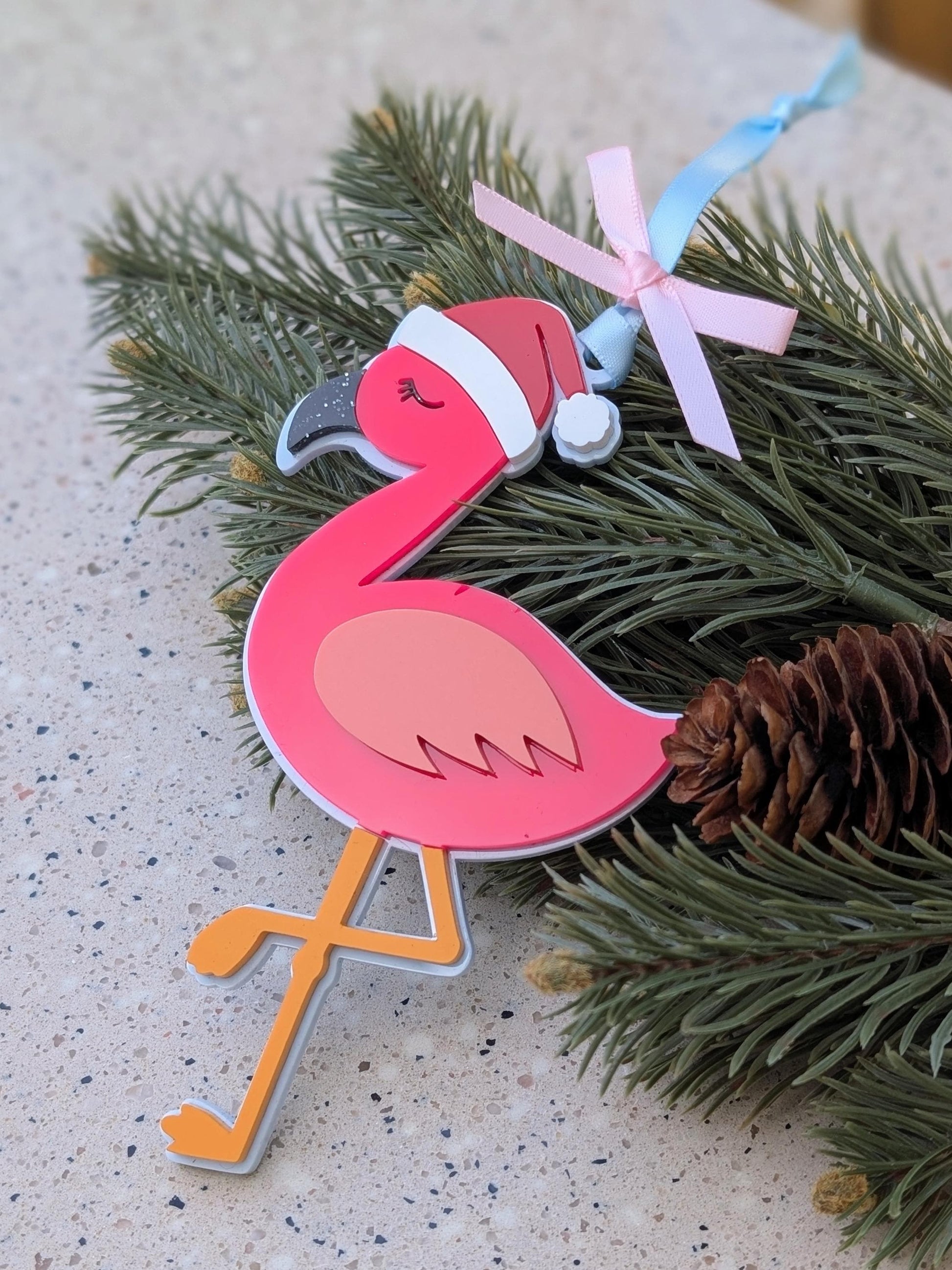 Engraved Pink Flamingo Christmas Ornament with Santa Hat | Custom Tropical Decor
