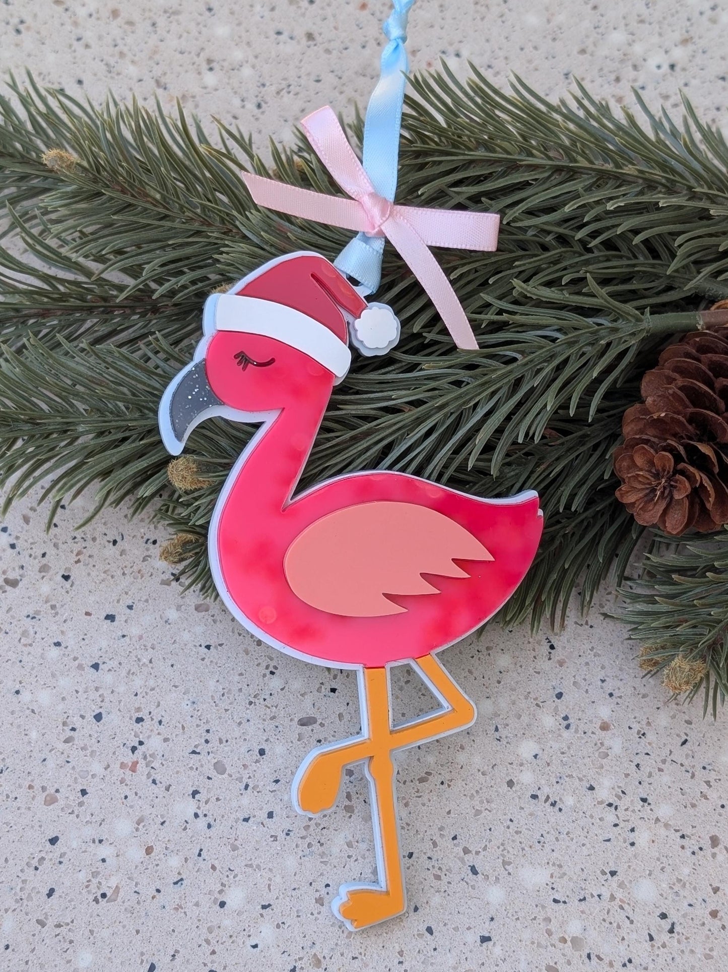 Engraved Pink Flamingo Christmas Ornament with Santa Hat | Custom Tropical Decor