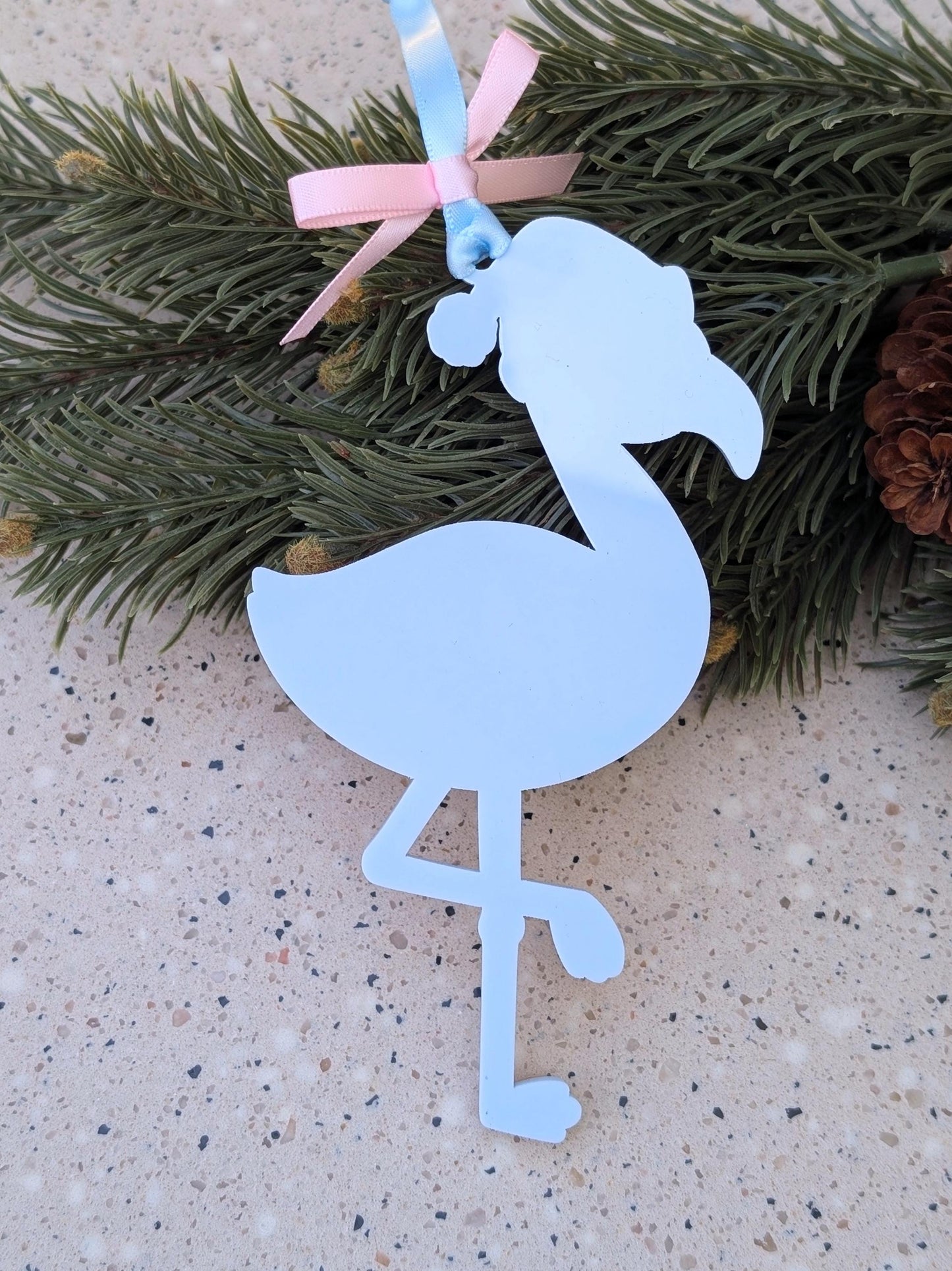Engraved Pink Flamingo Christmas Ornament with Santa Hat | Custom Tropical Decor
