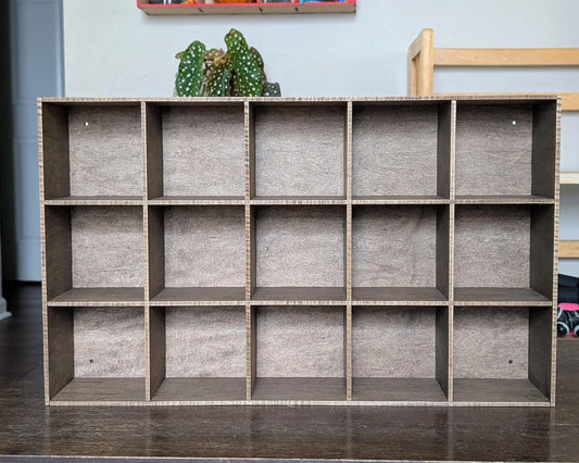 15 Compartment Wooden Display Shelf - Coffee Mug Shelf - 4.5x4.5 - Trinket Shelf - Curio Cabinet
