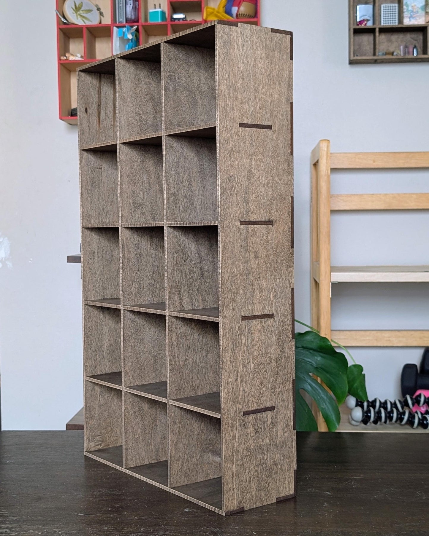 15 Compartment Wooden Display Shelf - Coffee Mug Shelf - 4.5x4.5 - Trinket Shelf - Curio Cabinet