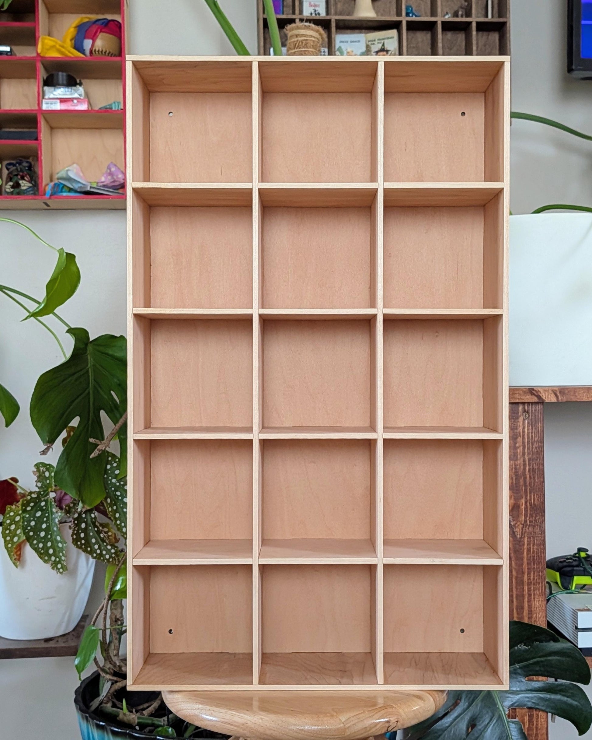 15 Compartment Wooden Display Shelf - Coffee Mug Shelf - 4.5x4.5 - Trinket Shelf - Curio Cabinet