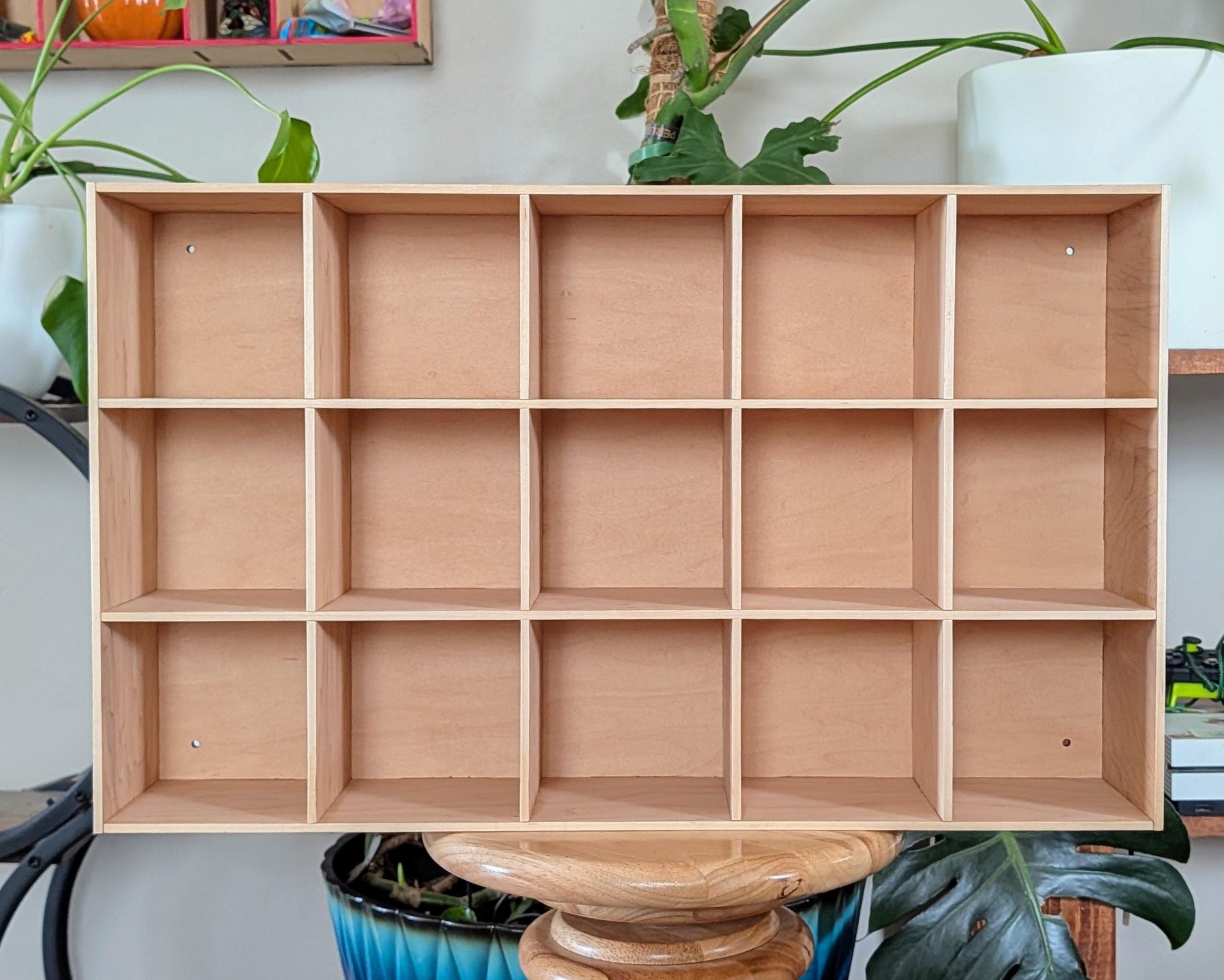 15 Compartment Wooden Display Shelf - Coffee Mug Shelf - 4.5x4.5 - Trinket Shelf - Curio Cabinet