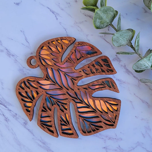 Iridescent Monstera Leaf Mandala Suncatcher - Crystal Acrylic Suncatcher - Witchy Cottagecore Plant Decor - Window Light Sun Catcher