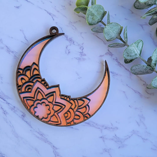 Iridescent Moon Mandala Suncatcher - Crystal Acrylic Suncatcher - Witchy Cottagecore Plant Decor - Window Light Sun Catcher