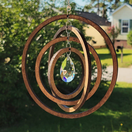 Espresso Maple Wood Sparkle Circle Suncatcher - Geometric Crystal Suncatcher - Spinning Suncatcher- Suncatcher Gift - Wooden Suncatcher