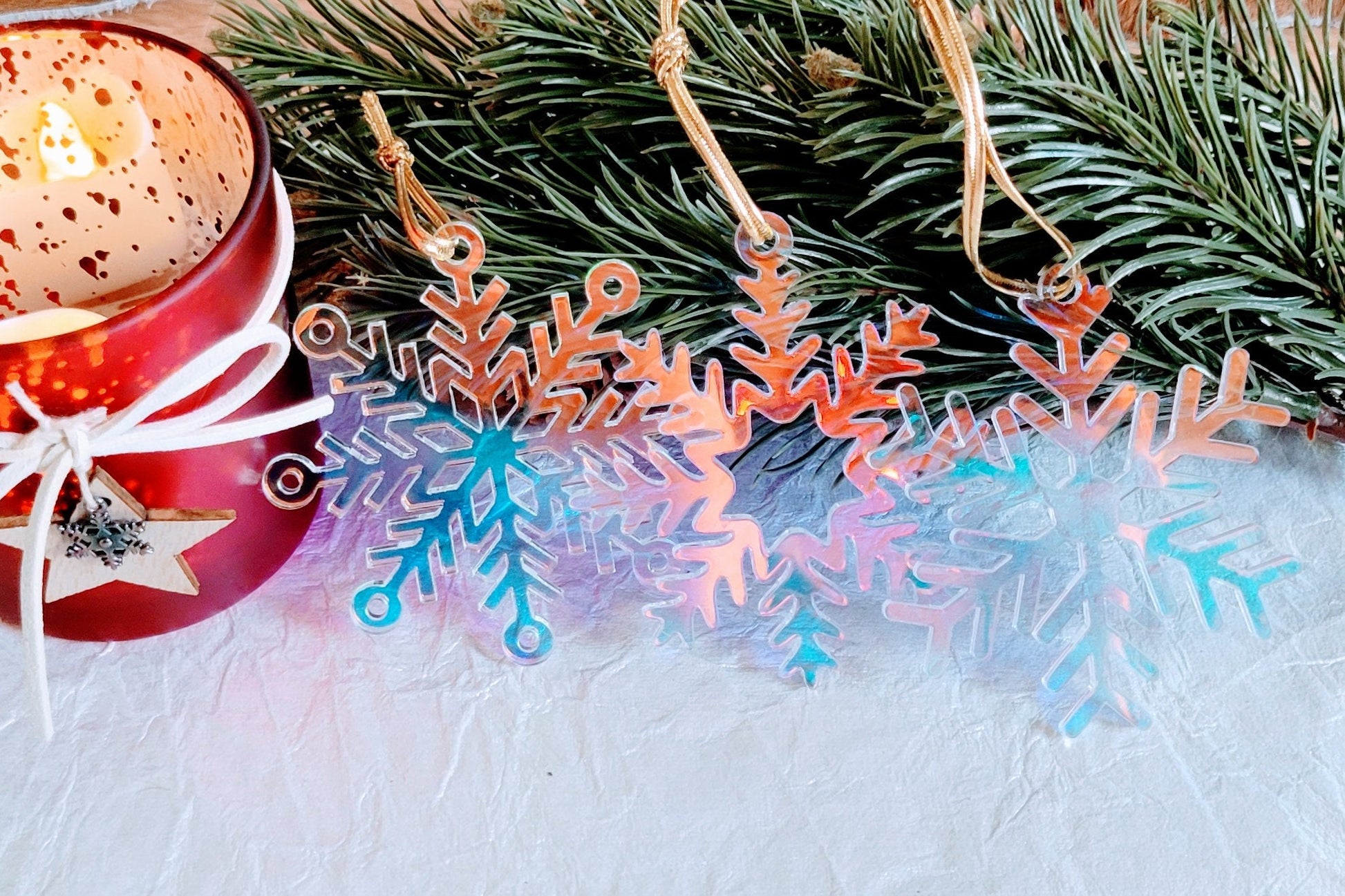 Set of 3 Snowflake Ornaments - Iridescent Snowflakes - Minimalist Ornaments- Ornament Sets - Snowflake Ornaments
