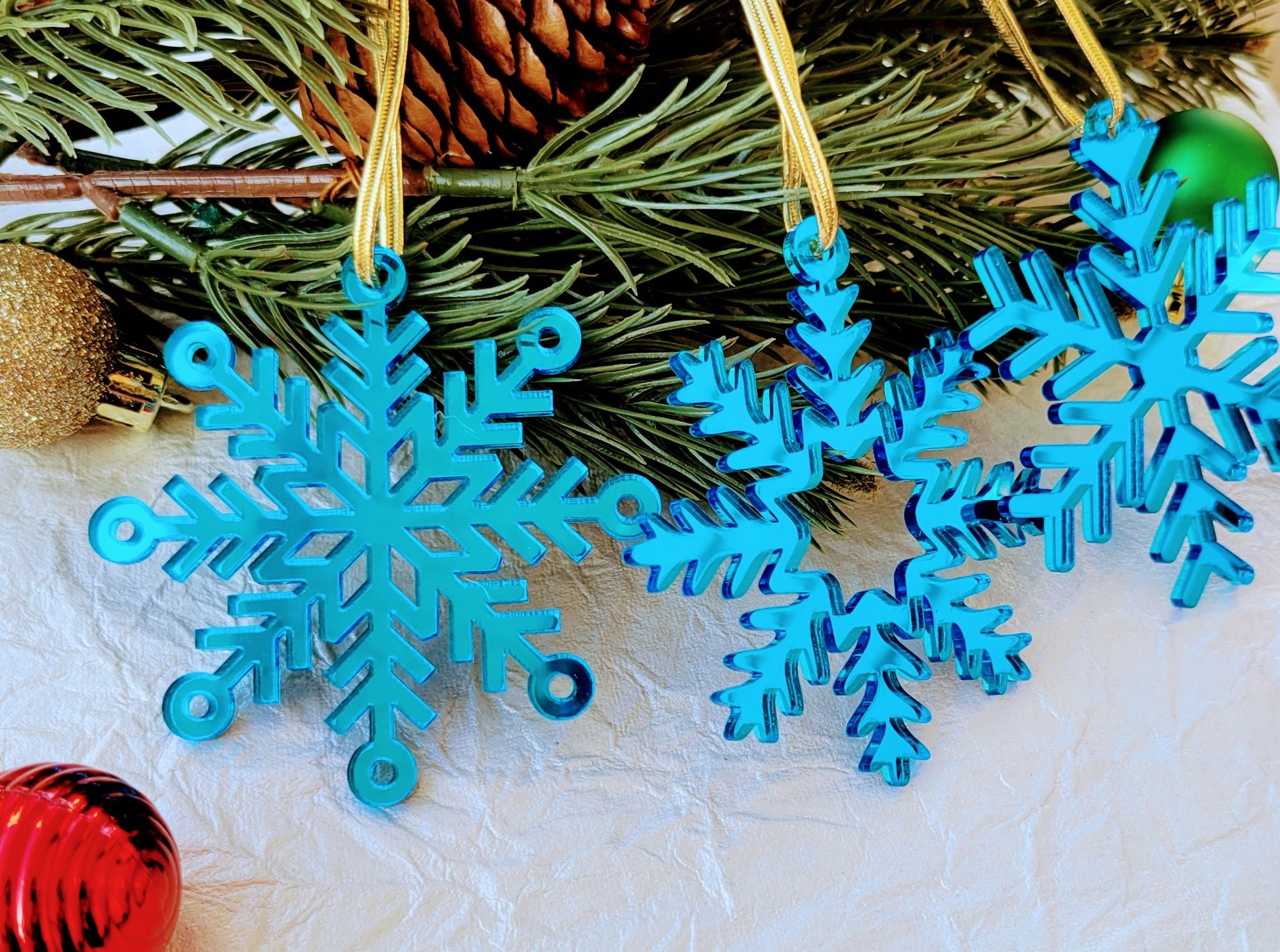 Set of 3 Snowflake Ornaments - Blue Mirror Snowflakes - Minimalist Ornaments- Ornament Sets - Snowflake Ornaments