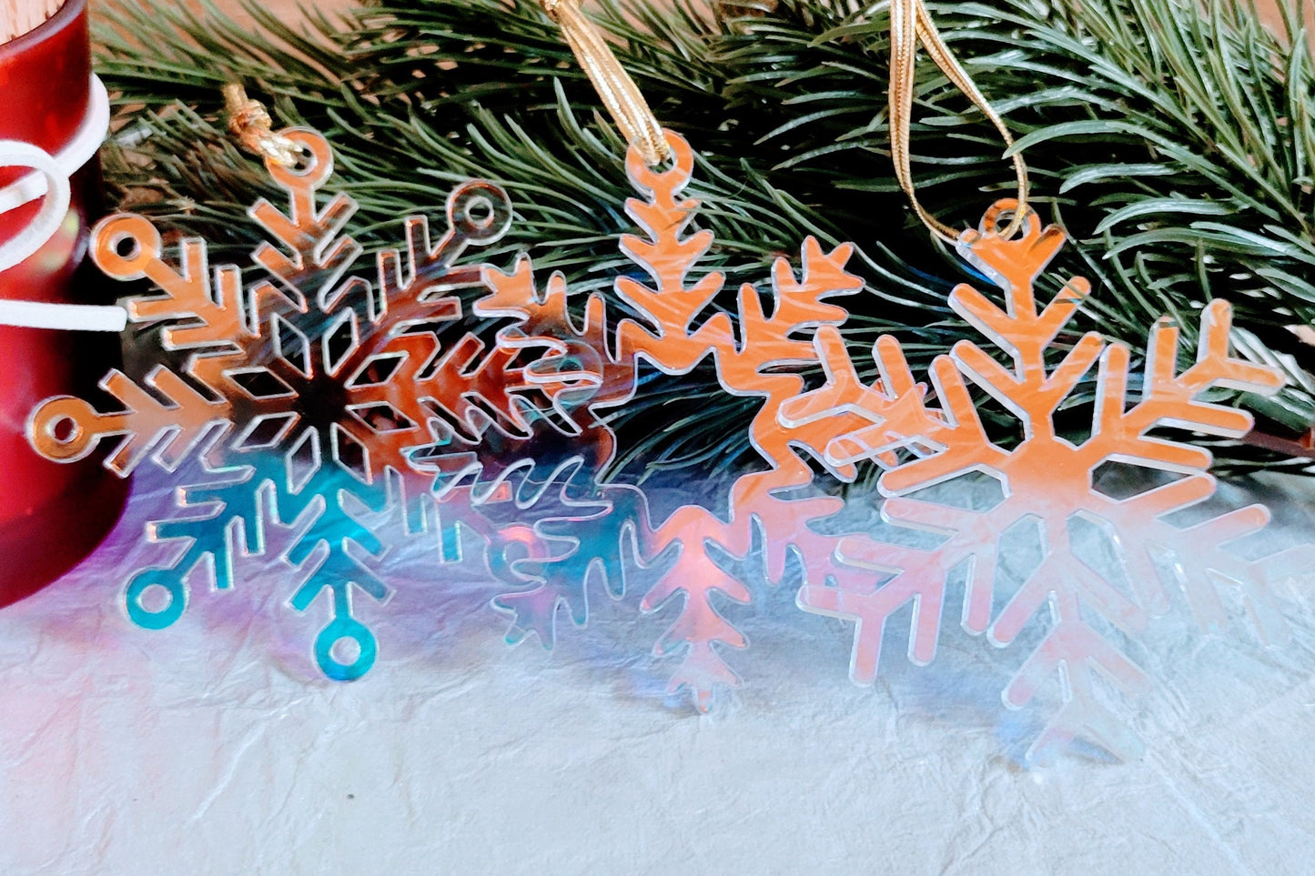 Set of 3 Snowflake Ornaments - Iridescent Snowflakes - Minimalist Ornaments- Ornament Sets - Snowflake Ornaments