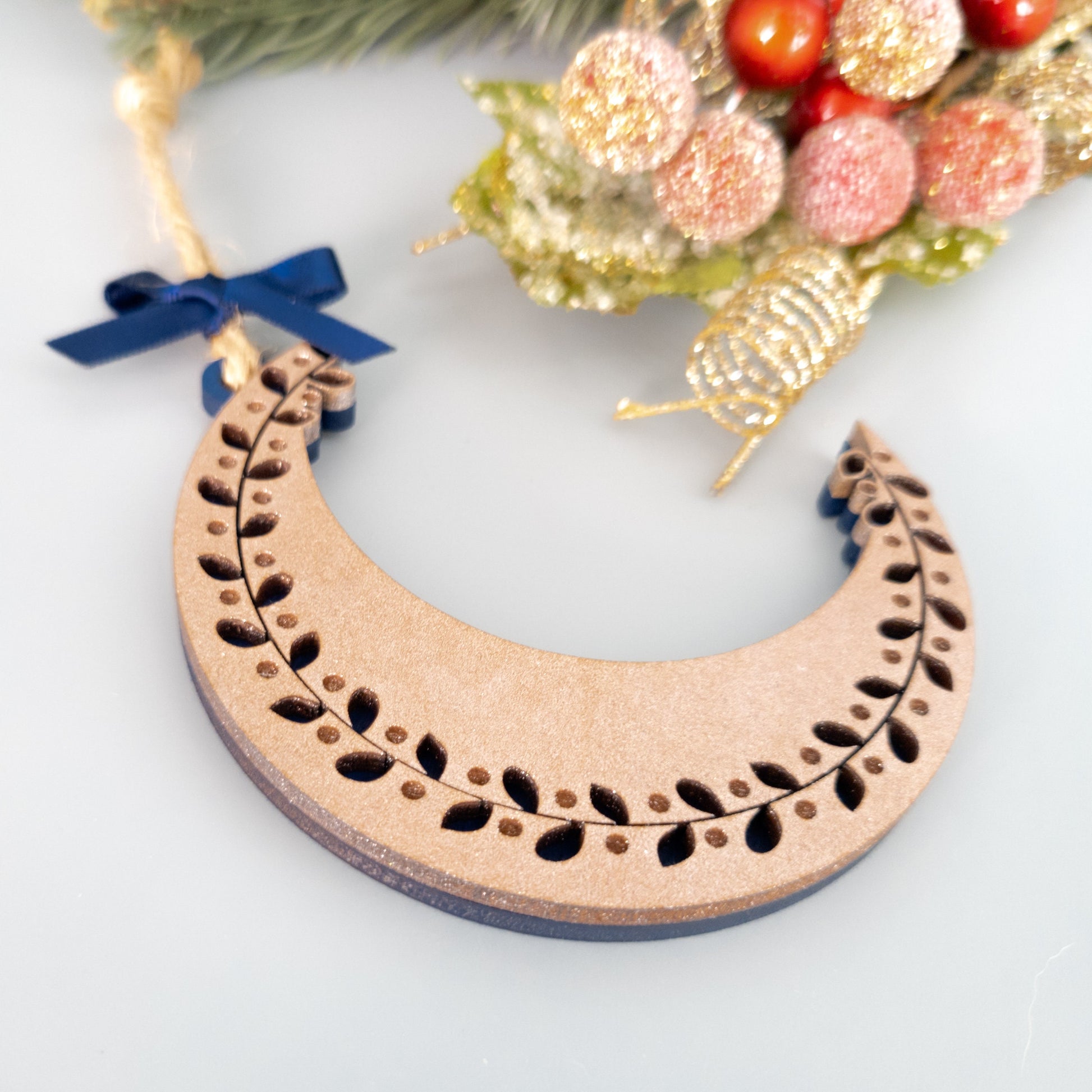 Copper and Navy Ivy Moon Ornament - Celestial Ornament - Moon and Star Christmas Ornament -Boho Christmas Decorations-Hygge Scandi Christmas
