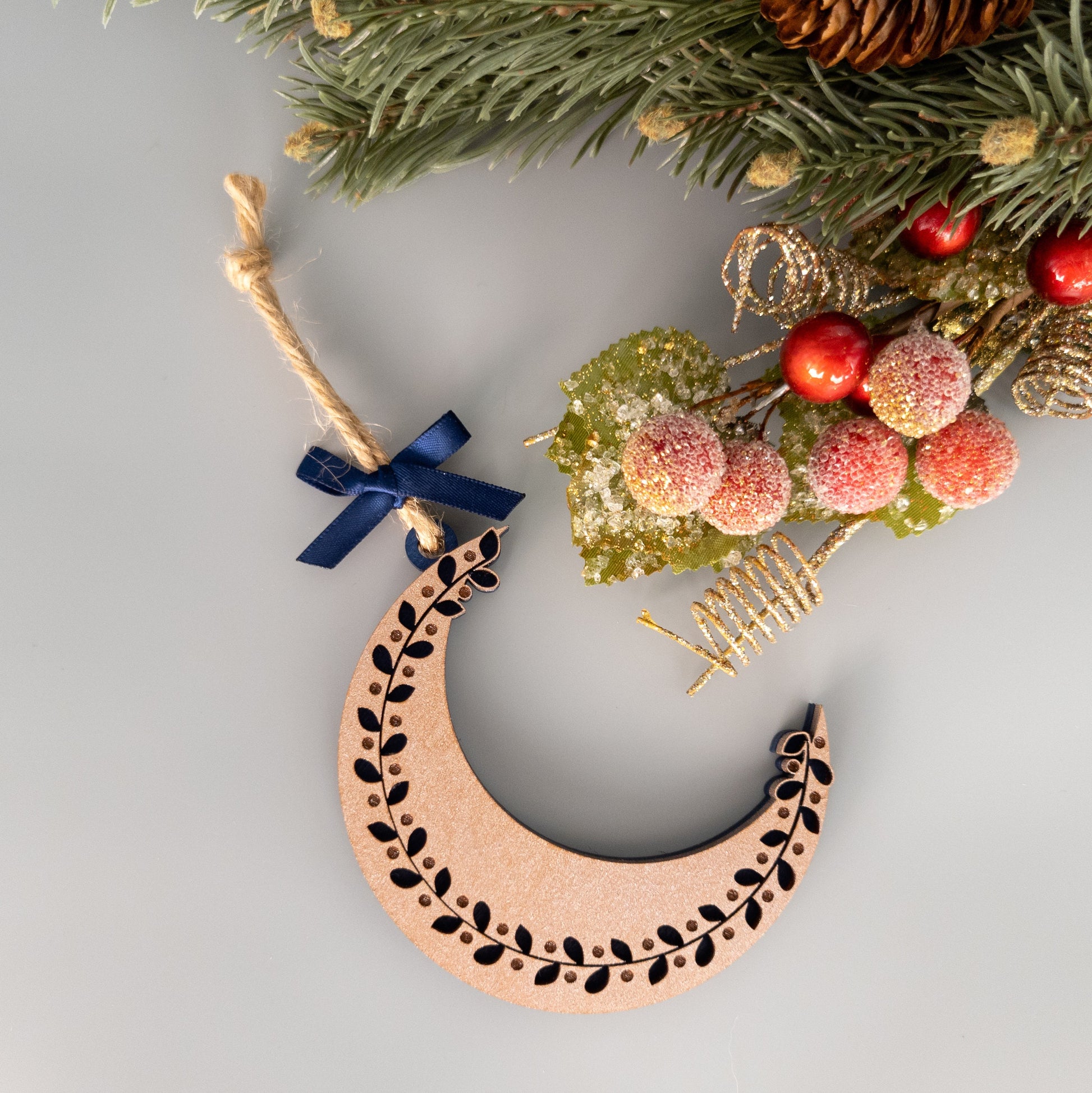Copper and Navy Ivy Moon Ornament - Celestial Ornament - Moon and Star Christmas Ornament -Boho Christmas Decorations-Hygge Scandi Christmas