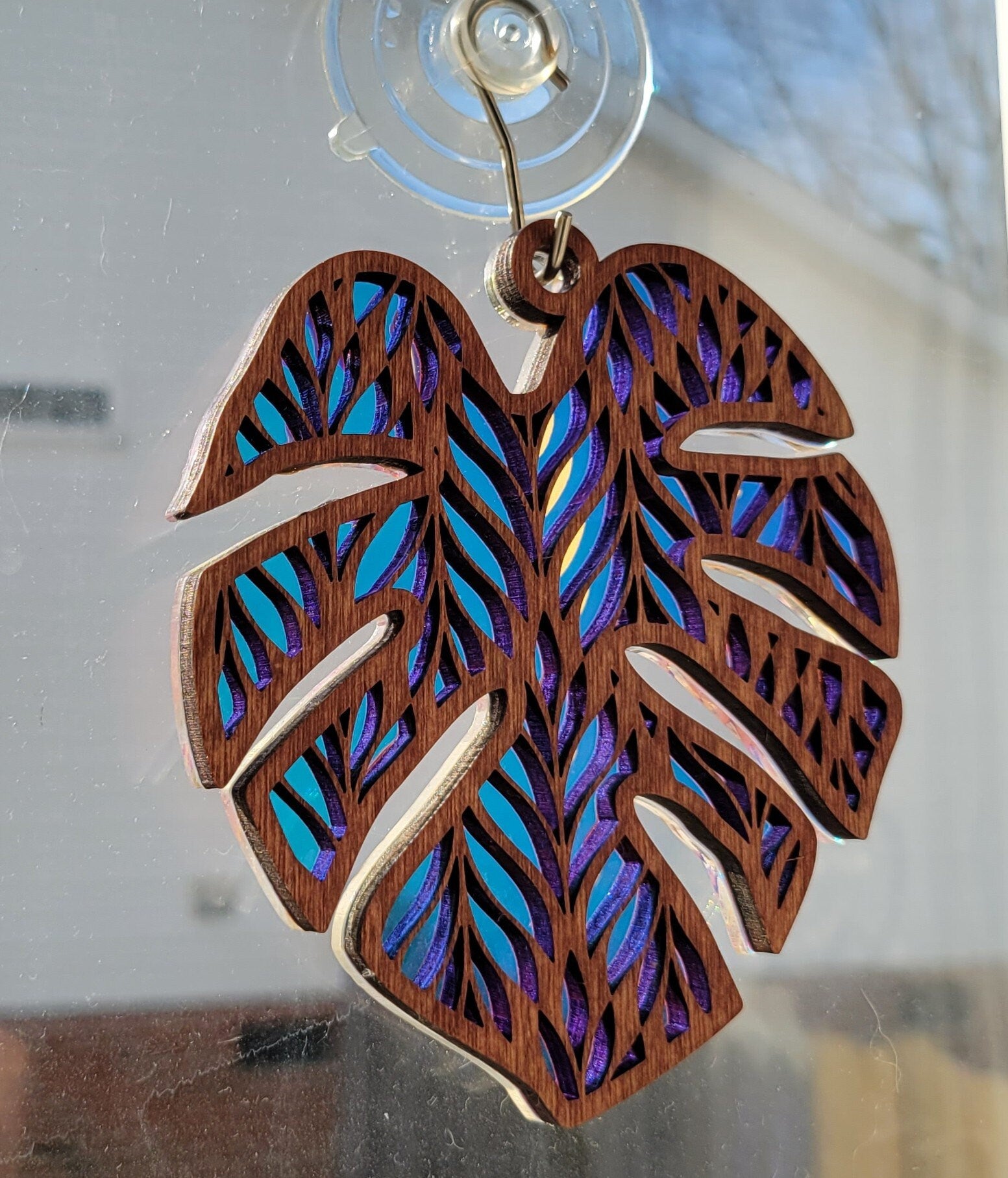 Iridescent Monstera Leaf Mandala Suncatcher - Crystal Acrylic Suncatcher - Witchy Cottagecore Plant Decor - Window Light Sun Catcher