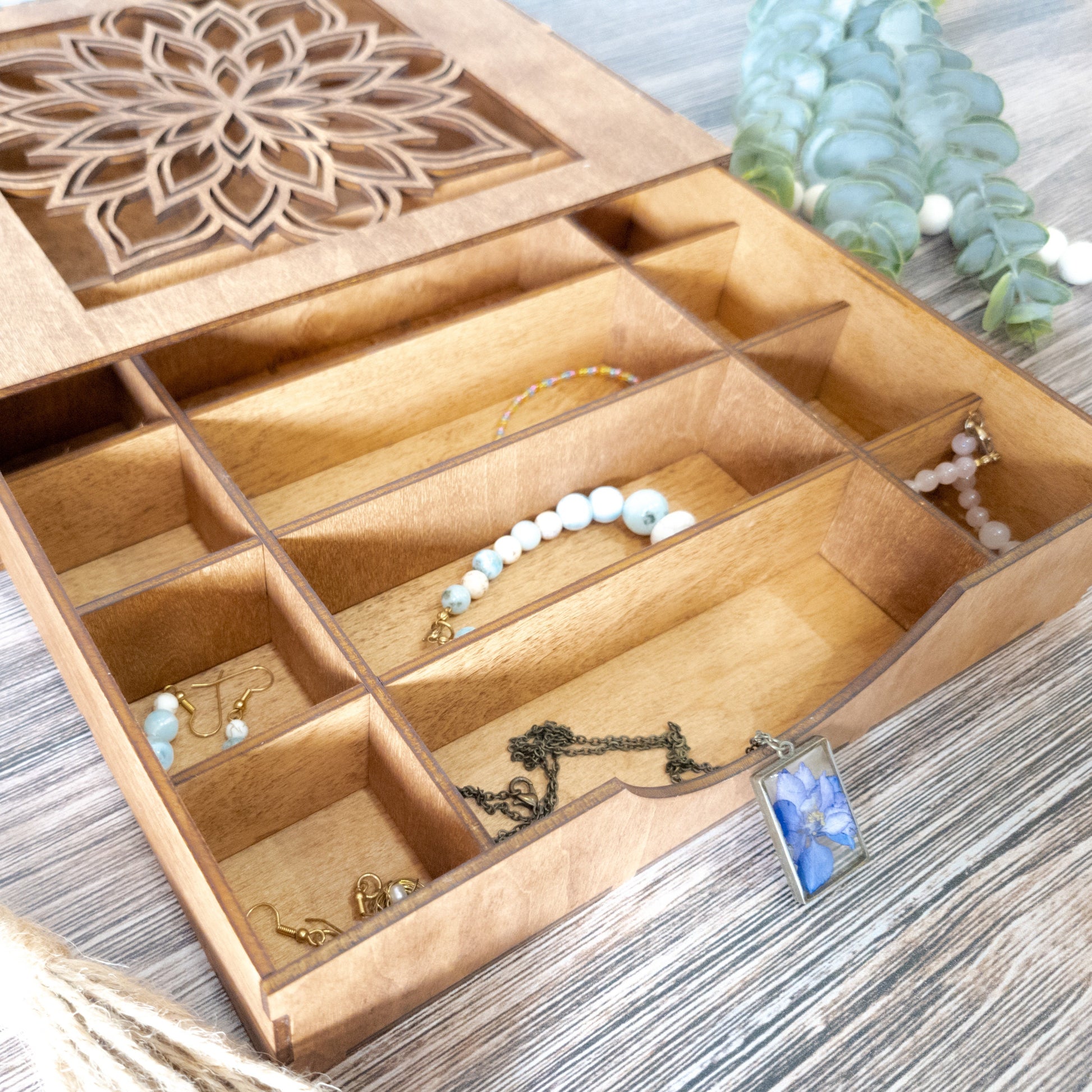 9 Compartment Wooden Jewelry Display Box - Trinket Box - Curio Cabinet- Knick Knack Collection Display - Printer Tray -Jewelry Box Display